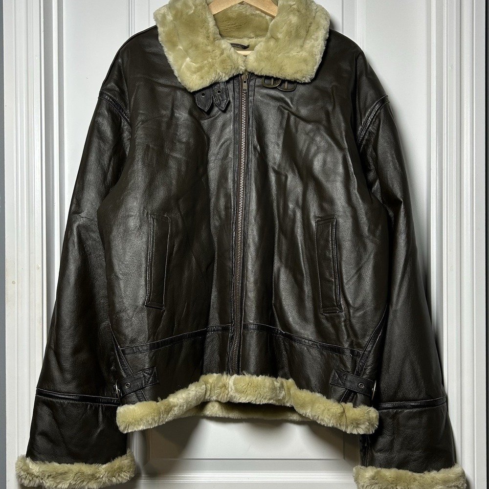 Guide Gear Genuine Leather Dark‎ Brown Shearling Trim B-3 Aviator Bomber Jacket